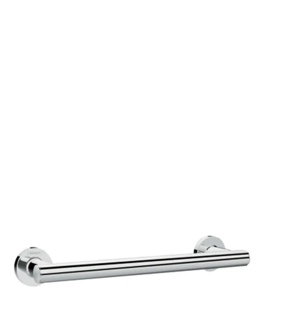 Einfache Haltestange in Chromoptik, montiert an zwei runden Wandhalterungen. Produkt von Hansgrohe, geeignet für den Einsatz im Badezimmer oder in der Dusche.
